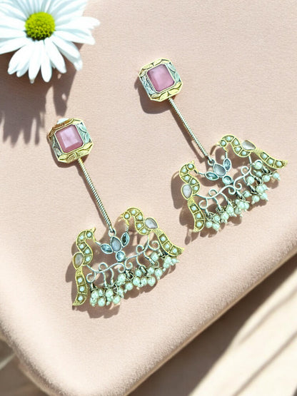 Antique Gold Silver Toned Earrings With Pink Stone Studs, Bird Motif And Pearl Bead Drops