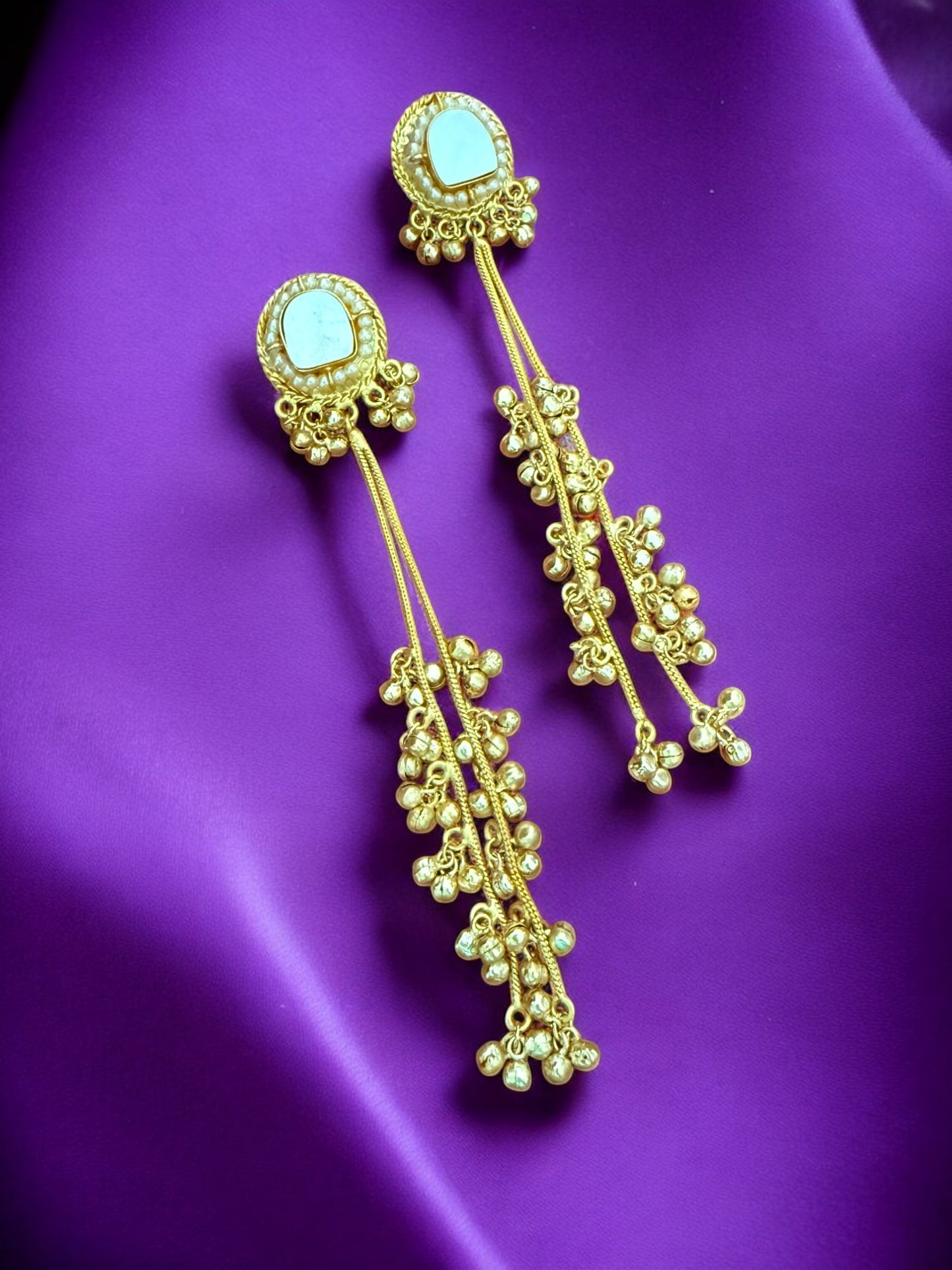 Gold Plated Long Drop Kashmiri Earrings With Mother Of Pearl Inlay And Clustered Ghungroo Detailing