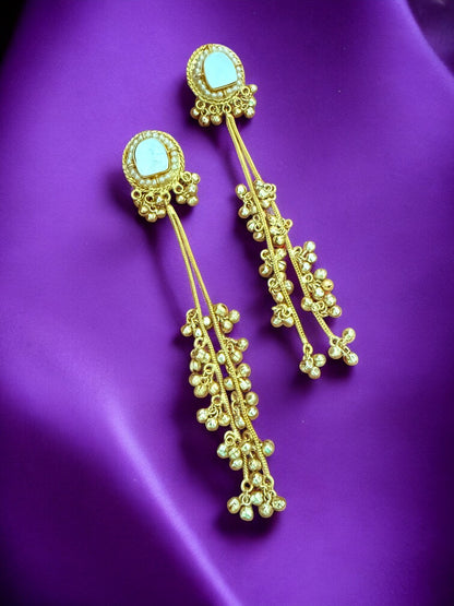 Gold Plated Long Drop Kashmiri Earrings With Mother Of Pearl Inlay And Clustered Ghungroo Detailing