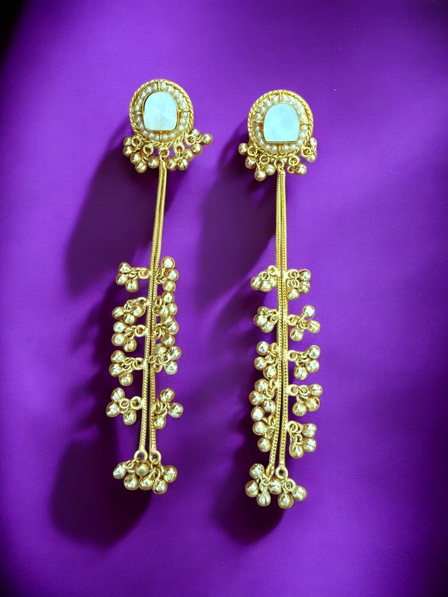 Gold Plated Long Drop Kashmiri Earrings With Mother Of Pearl Inlay And Clustered Ghungroo Detailing
