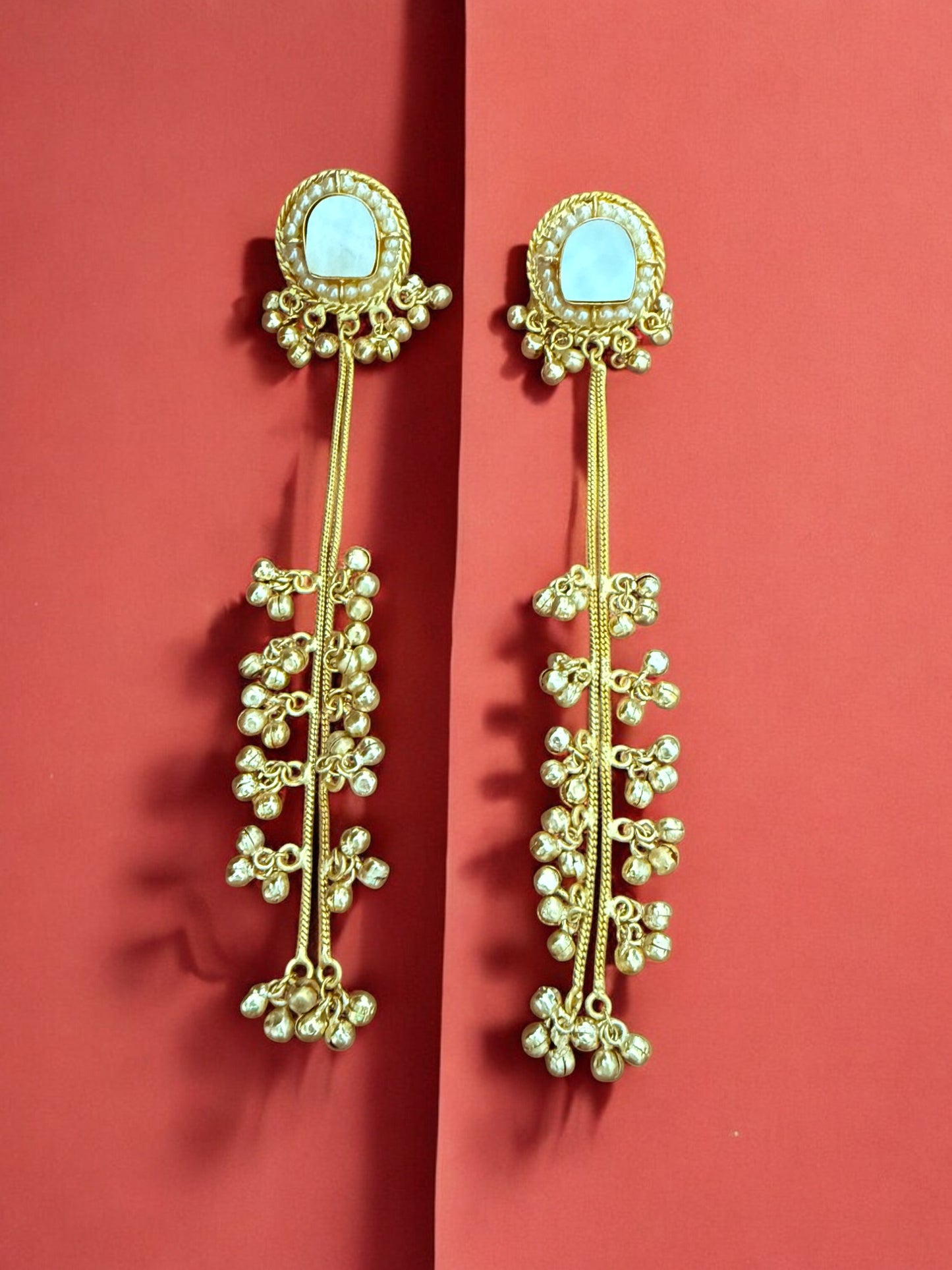Gold Plated Long Drop Kashmiri Earrings With Mother Of Pearl Inlay And Clustered Ghungroo Detailing