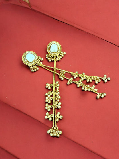 Gold Plated Long Drop Kashmiri Earrings With Mother Of Pearl Inlay And Clustered Ghungroo Detailing