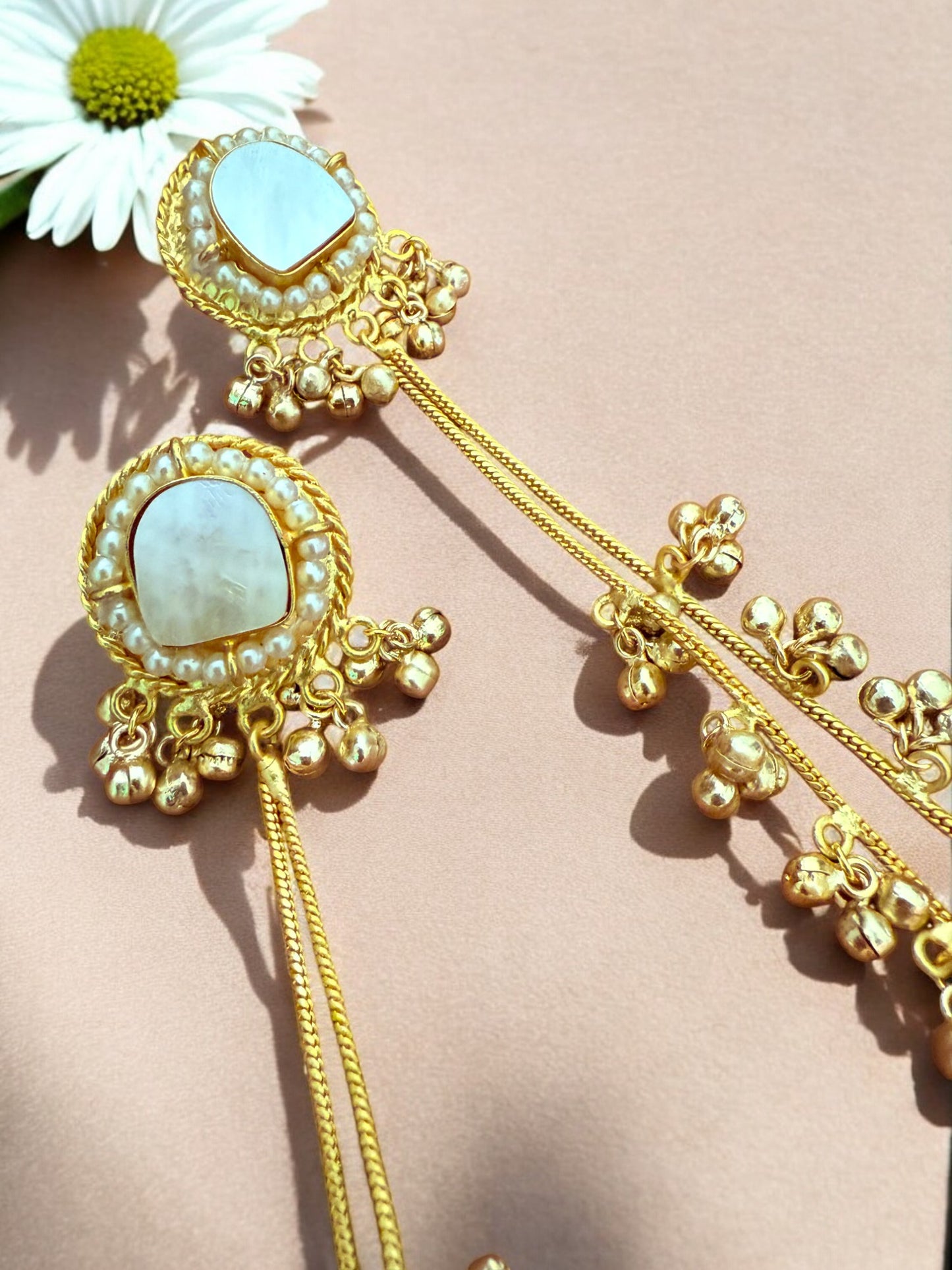 Gold Plated Long Drop Kashmiri Earrings With Mother Of Pearl Inlay And Clustered Ghungroo Detailing