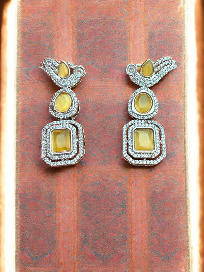Silver Toned Cubic Zircon Earrings With Yellow Stones And Delicate Bird Motif Detailing