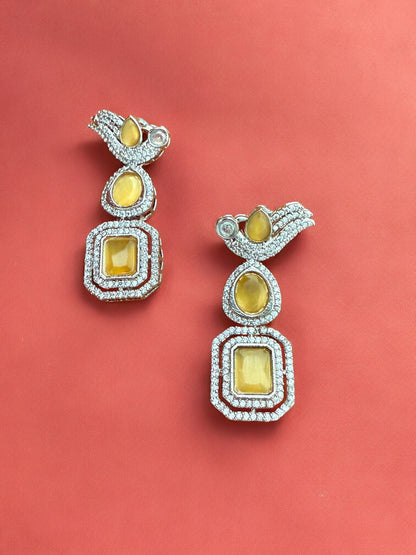 Silver Toned Cubic Zircon Earrings With Yellow Stones And Delicate Bird Motif Detailing