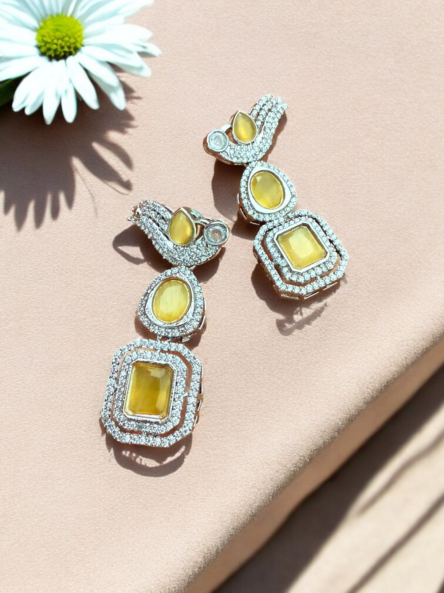 Silver Toned Cubic Zircon Earrings With Yellow Stones And Delicate Bird Motif Detailing