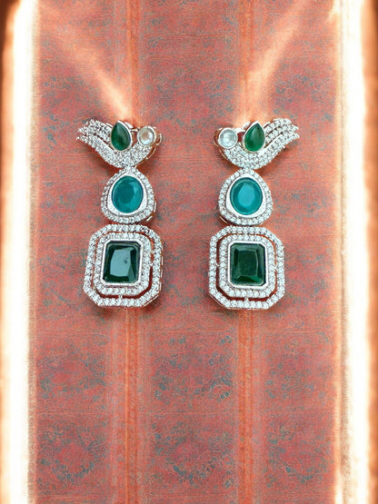 Silver Toned Cubic Zircon Earrings With Green Stones And Delicate Bird Motif Detailing
