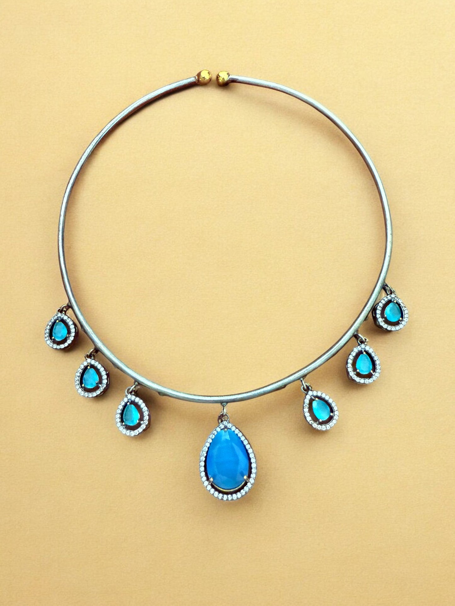 Antique Silver Finish Turquoise Blue Teardrop Hasli Set with Stud Earrings
