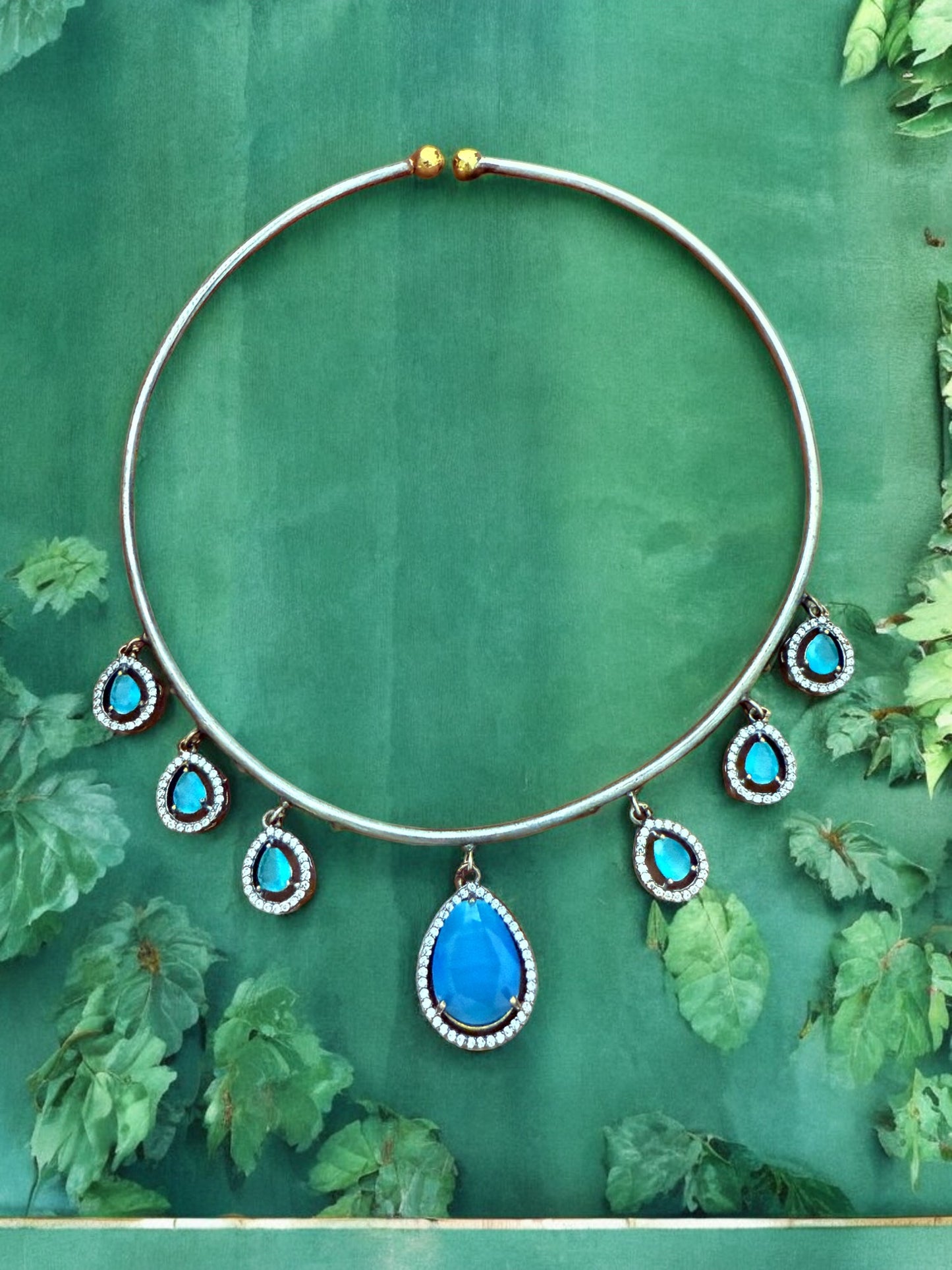 Antique Silver Finish Turquoise Blue Teardrop Hasli Set with Stud Earrings