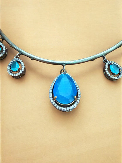 Antique Silver Finish Turquoise Blue Teardrop Hasli Set with Stud Earrings