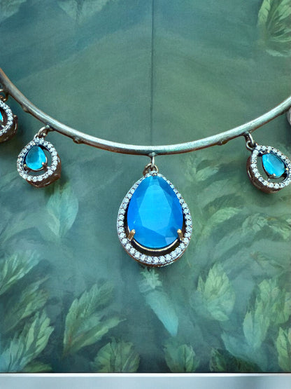 Antique Silver Finish Turquoise Blue Teardrop Hasli Set with Stud Earrings