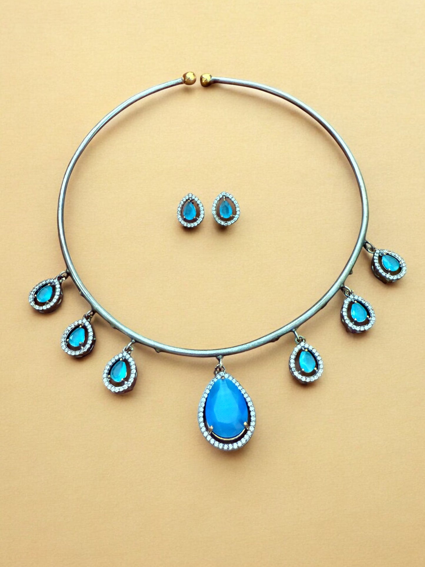 Antique Silver Finish Turquoise Blue Teardrop Hasli Set with Stud Earrings
