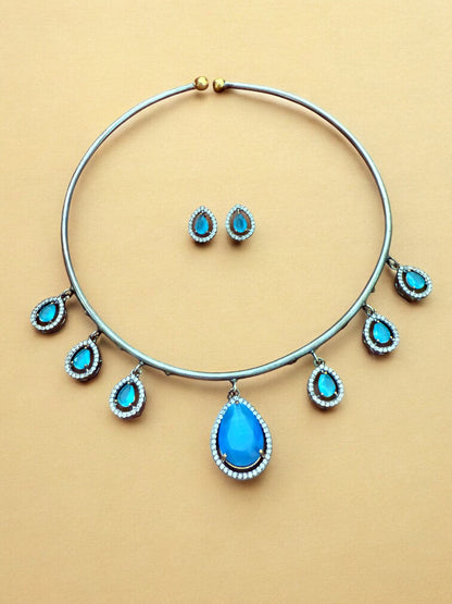 Antique Silver Finish Turquoise Blue Teardrop Hasli Set with Stud Earrings