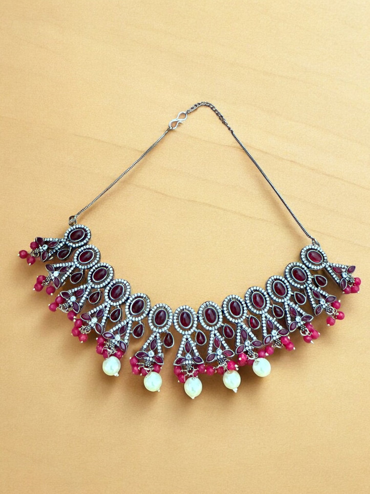 Maroon Oval and Teardrop Stone Necklace Set with Pink Beads and Pearl Drops