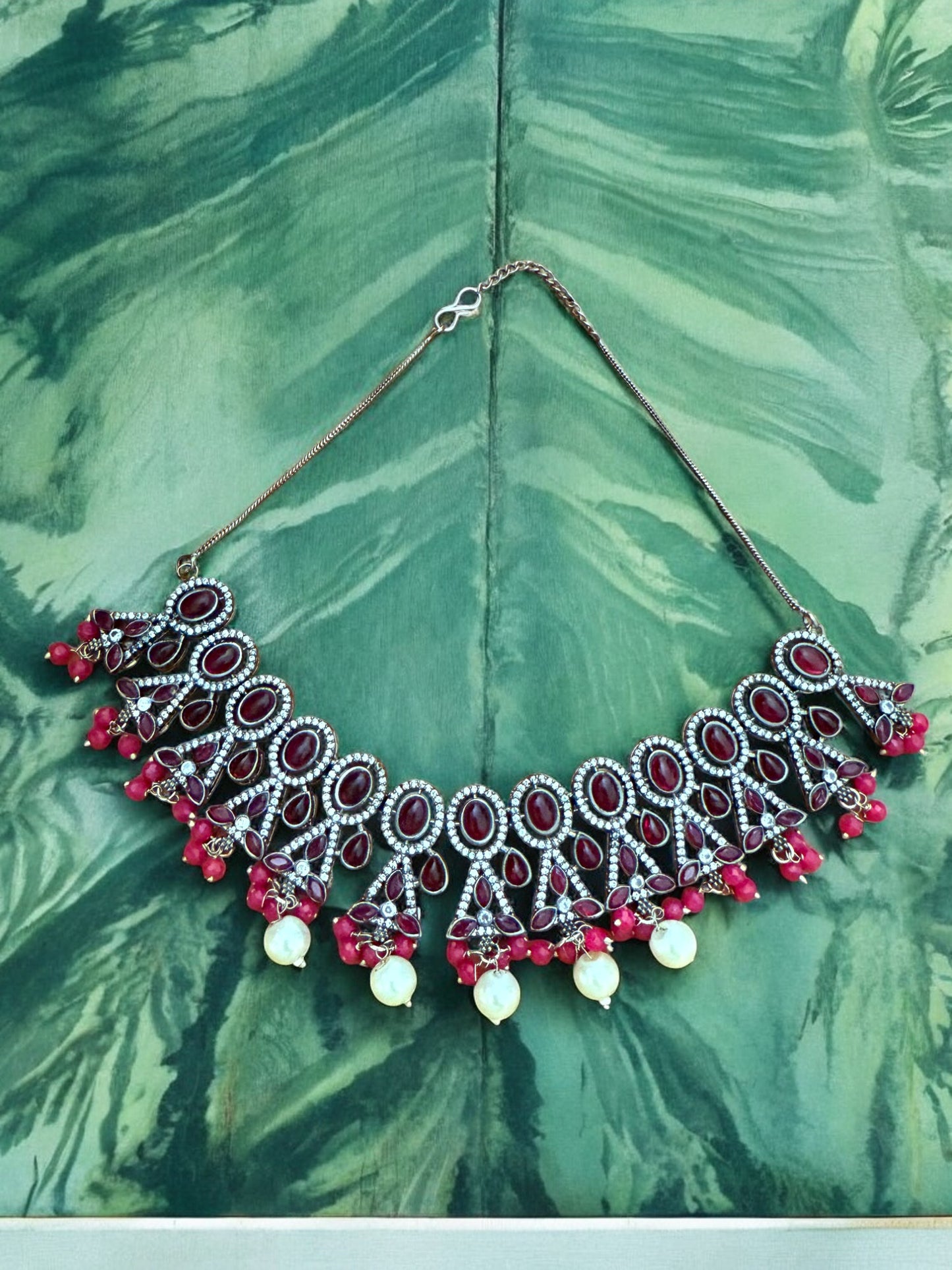 Maroon Oval and Teardrop Stone Necklace Set with Pink Beads and Pearl Drops