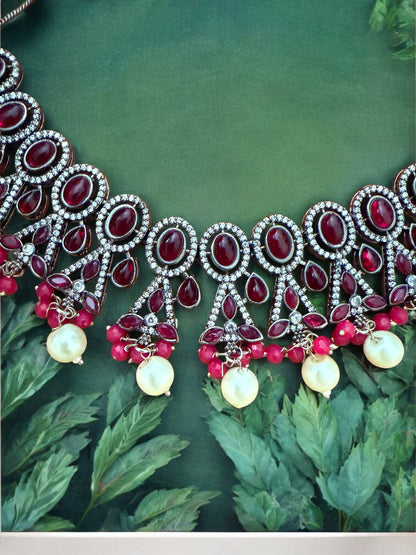 Maroon Oval and Teardrop Stone Necklace Set with Pink Beads and Pearl Drops