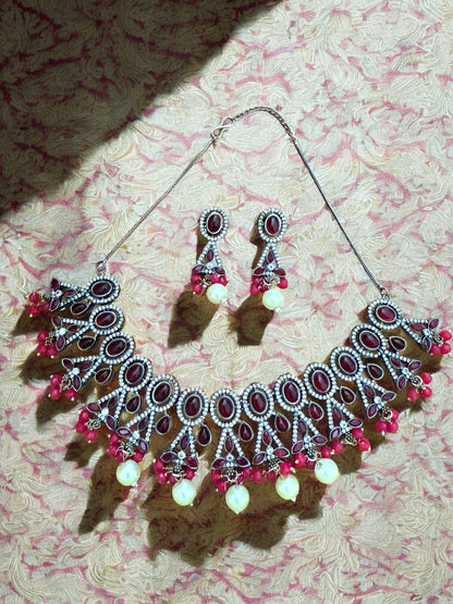 Maroon Oval and Teardrop Stone Necklace Set with Pink Beads and Pearl Drops