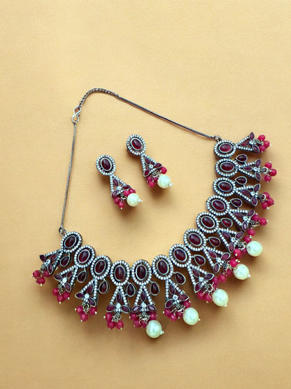 Maroon Oval and Teardrop Stone Necklace Set with Pink Beads and Pearl Drops