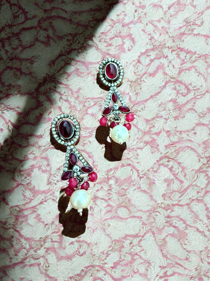 Maroon Oval and Teardrop Stone Necklace Set with Pink Beads and Pearl Drops