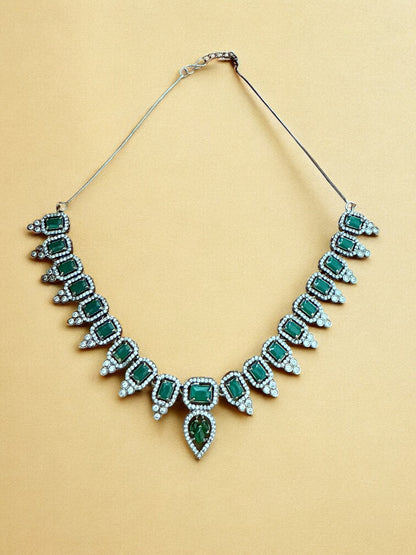 Emerald Green Necklace Set with Rectangular and Teardrop Stones Accented in Silver-Tone American Diamonds