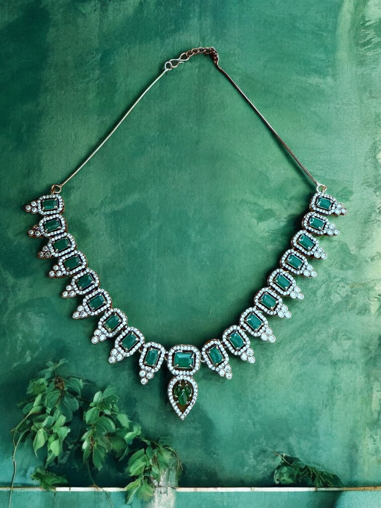 Emerald Green Necklace Set with Rectangular and Teardrop Stones Accented in Silver-Tone American Diamonds