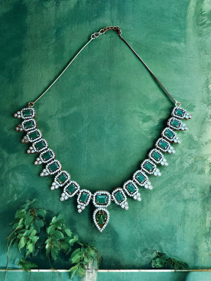Emerald Green Necklace Set with Rectangular and Teardrop Stones Accented in Silver-Tone American Diamonds
