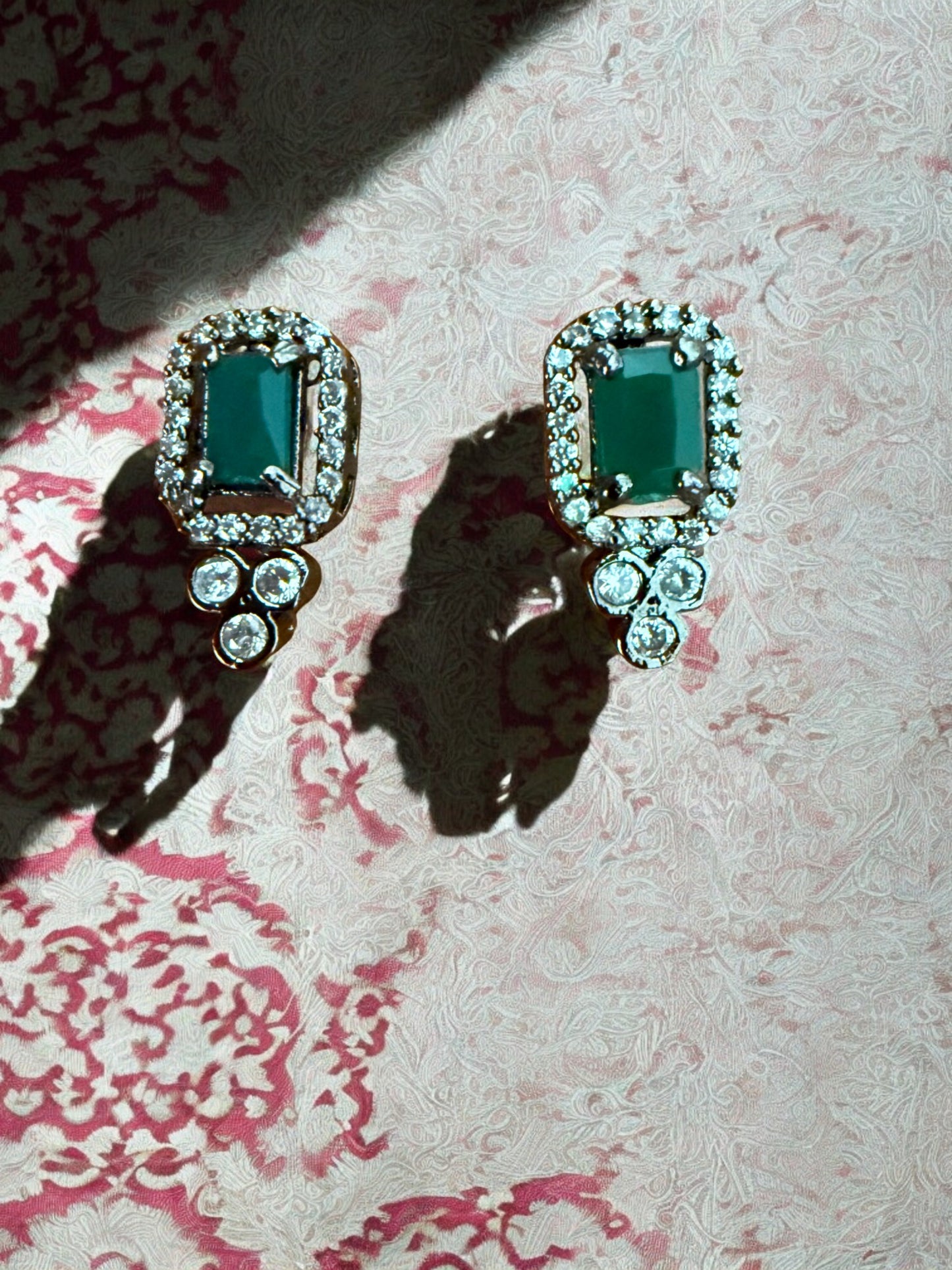 Emerald Green Necklace Set with Rectangular and Teardrop Stones Accented in Silver-Tone American Diamonds