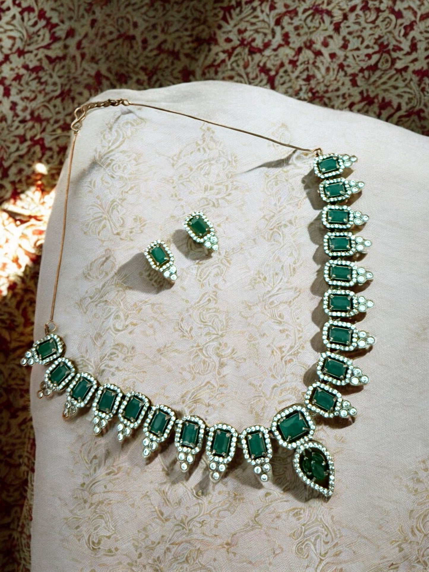 Emerald Green Necklace Set with Rectangular and Teardrop Stones Accented in Silver-Tone American Diamonds