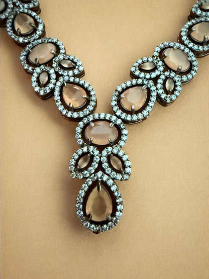 Peach Silver-Tone Necklace Set with Teardrop & Oval Crystal Stones and American Diamonds