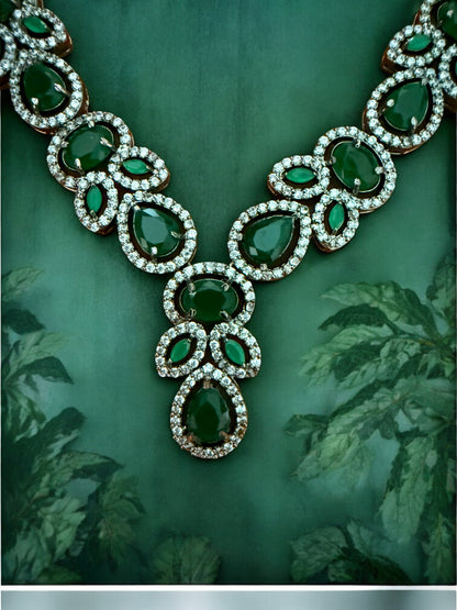 Green Silver-Tone Necklace Set with Teardrop & Oval Crystal Stones and American Diamonds