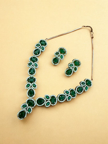 Green Silver-Tone Necklace Set with Teardrop & Oval Crystal Stones and American Diamonds