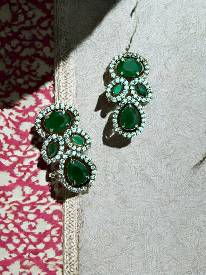 Green Silver-Tone Necklace Set with Teardrop & Oval Crystal Stones and American Diamonds