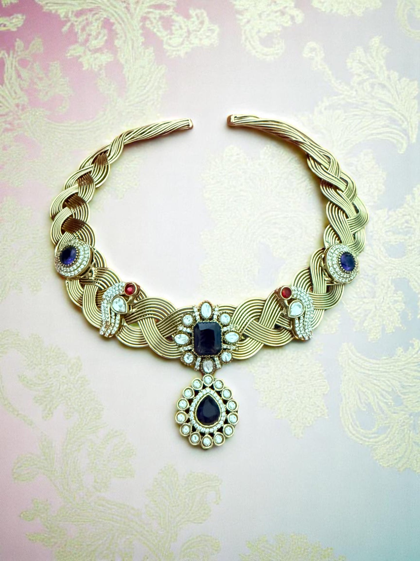 Royal Blue Stone Braided Hasli Set with Peacock Motifs