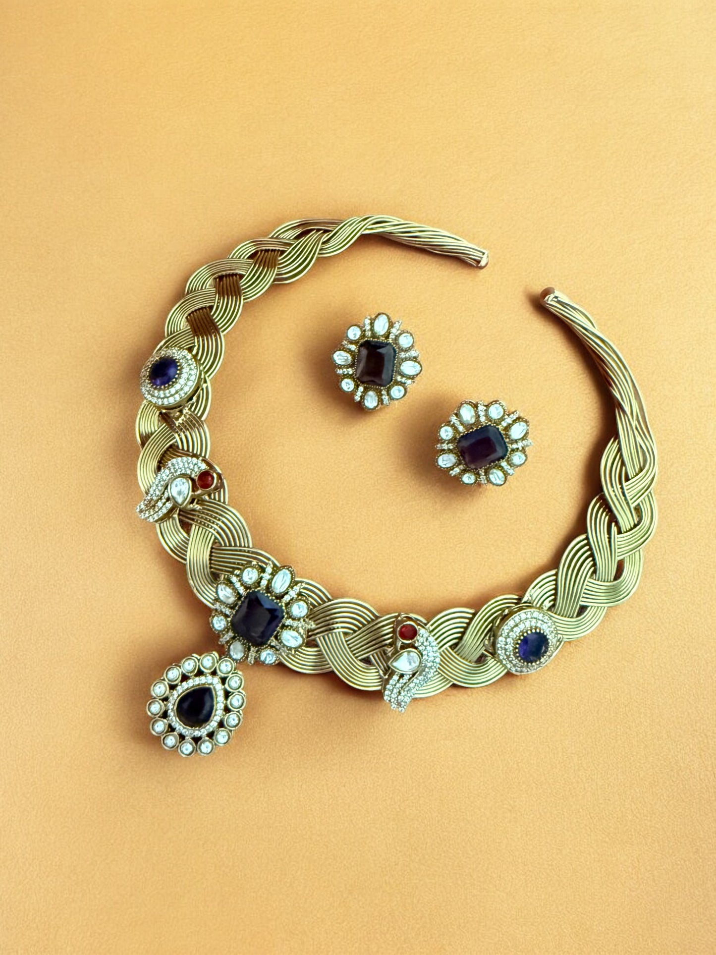Royal Blue Stone Braided Hasli Set with Peacock Motifs