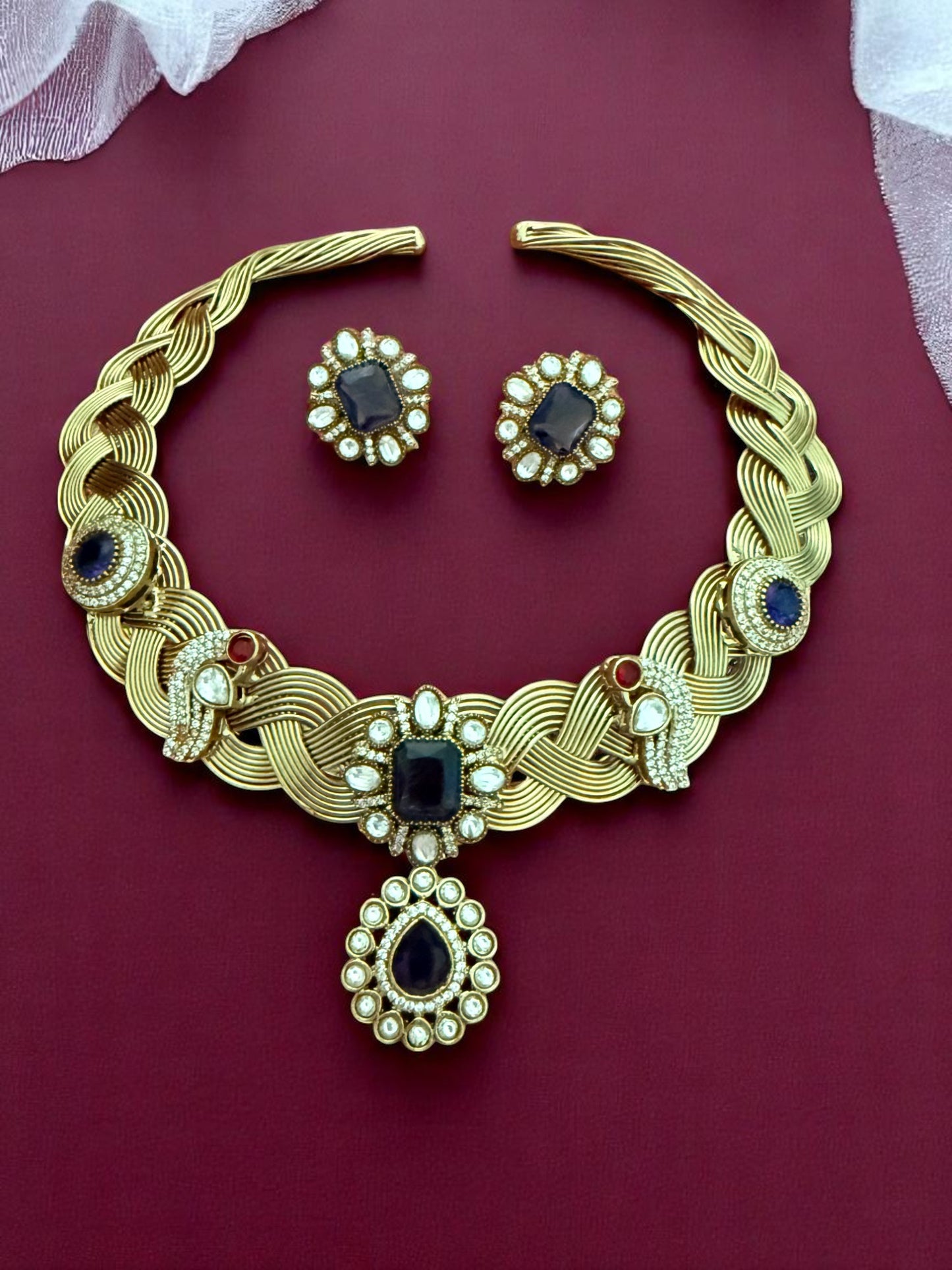 Royal Blue Stone Braided Hasli Set with Peacock Motifs