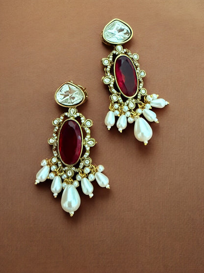 Regal Kundan Hasli Necklace Set with Ruby Red Centerpiece and Pearl Drop Accents