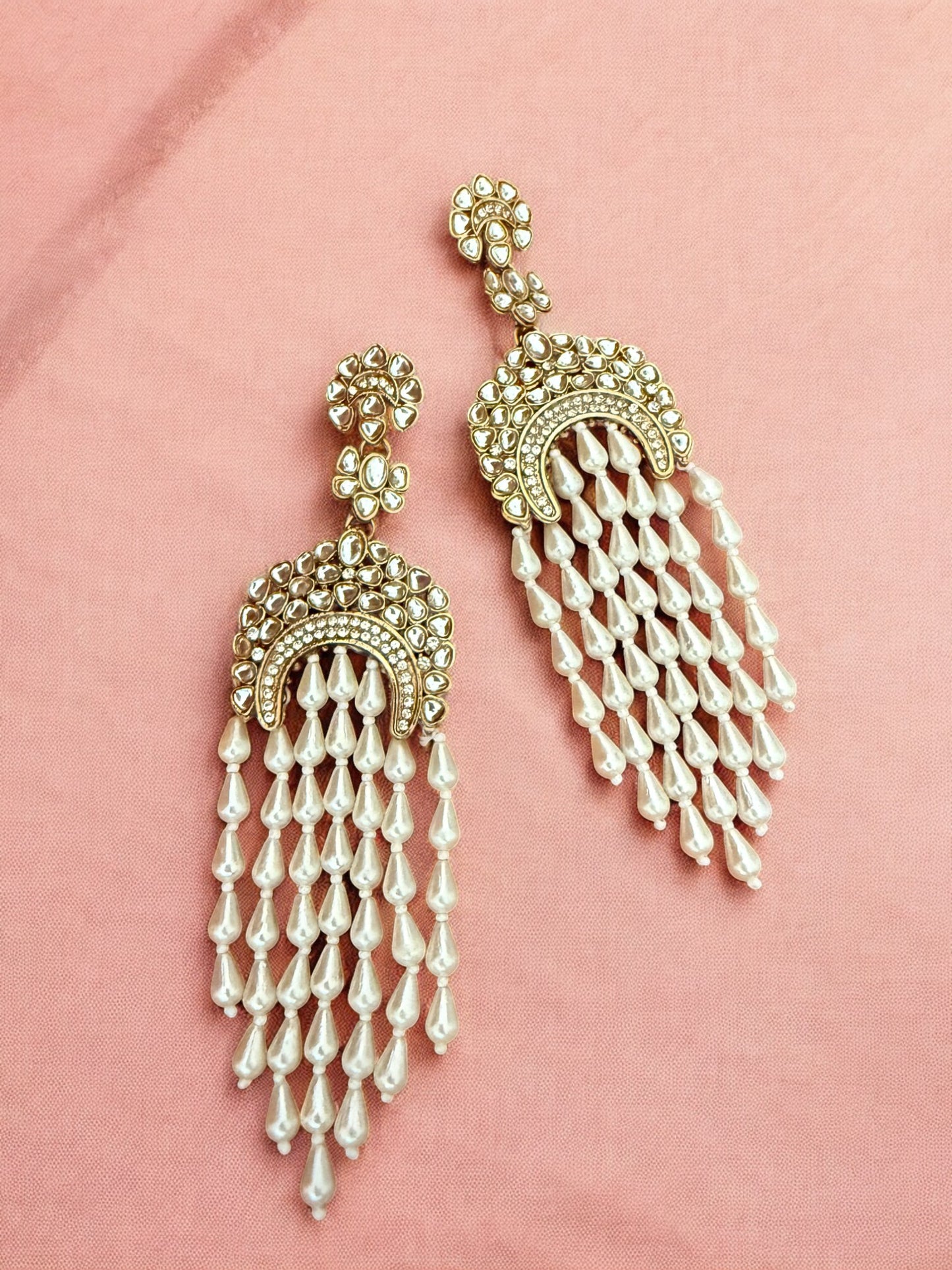 Kundan Encrusted Chandbali Statement Earrings with Long Pearl Tassels