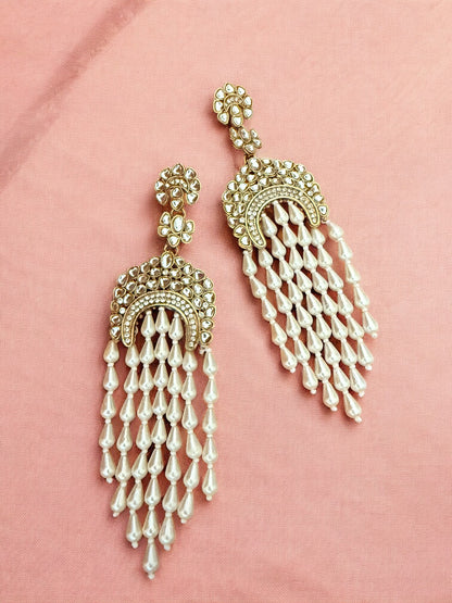 Kundan Encrusted Chandbali Statement Earrings with Long Pearl Tassels