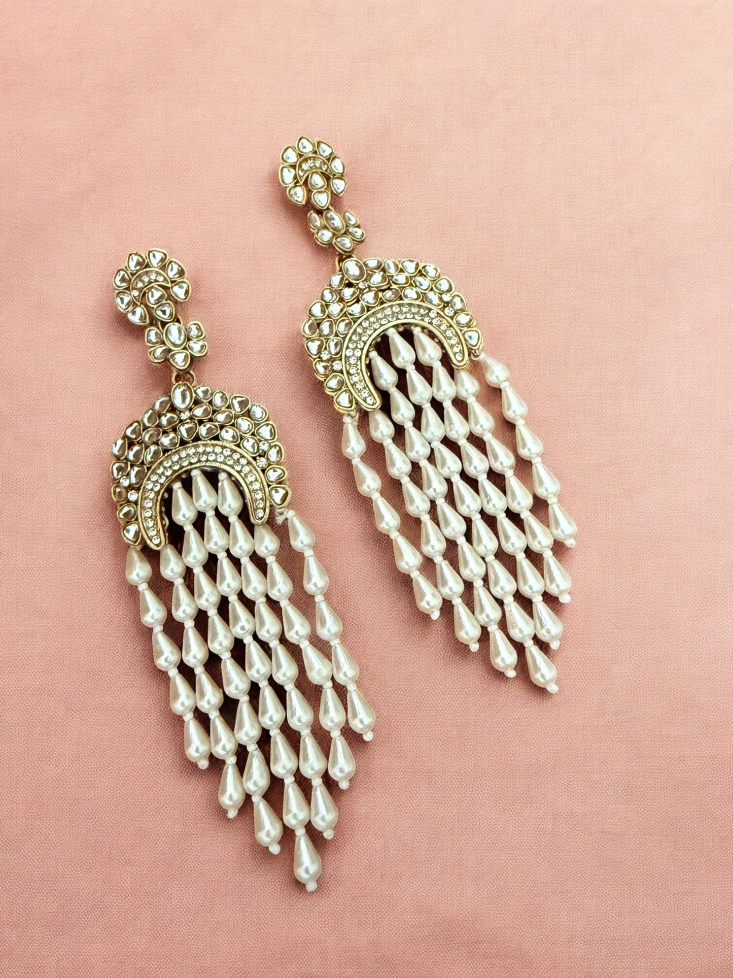 Kundan Encrusted Chandbali Statement Earrings with Long Pearl Tassels