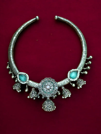 Oxidized Silver Tribal Hasli Set with Aqua Stones & Ghungroo Charms
