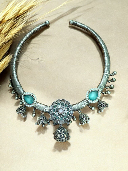 Oxidized Silver Tribal Hasli Set with Aqua Stones & Ghungroo Charms