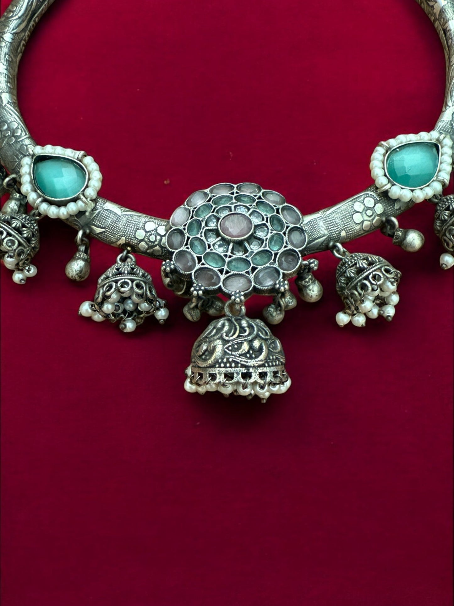 Oxidized Silver Tribal Hasli Set with Aqua Stones & Ghungroo Charms