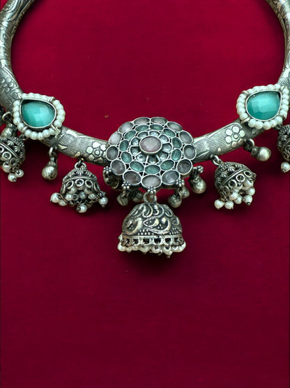 Oxidized Silver Tribal Hasli Set with Aqua Stones & Ghungroo Charms