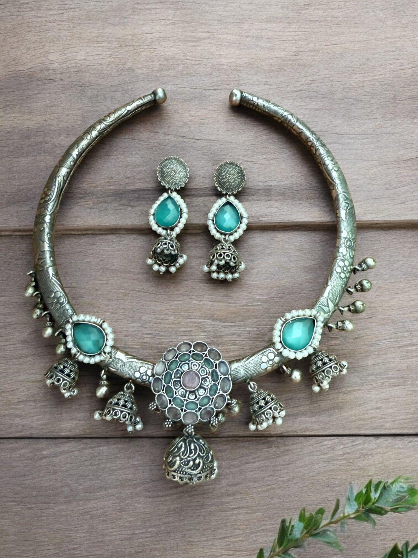 Oxidized Silver Tribal Hasli Set with Aqua Stones & Ghungroo Charms