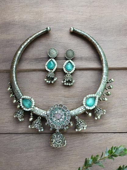 Oxidized Silver Tribal Hasli Set with Aqua Stones & Ghungroo Charms