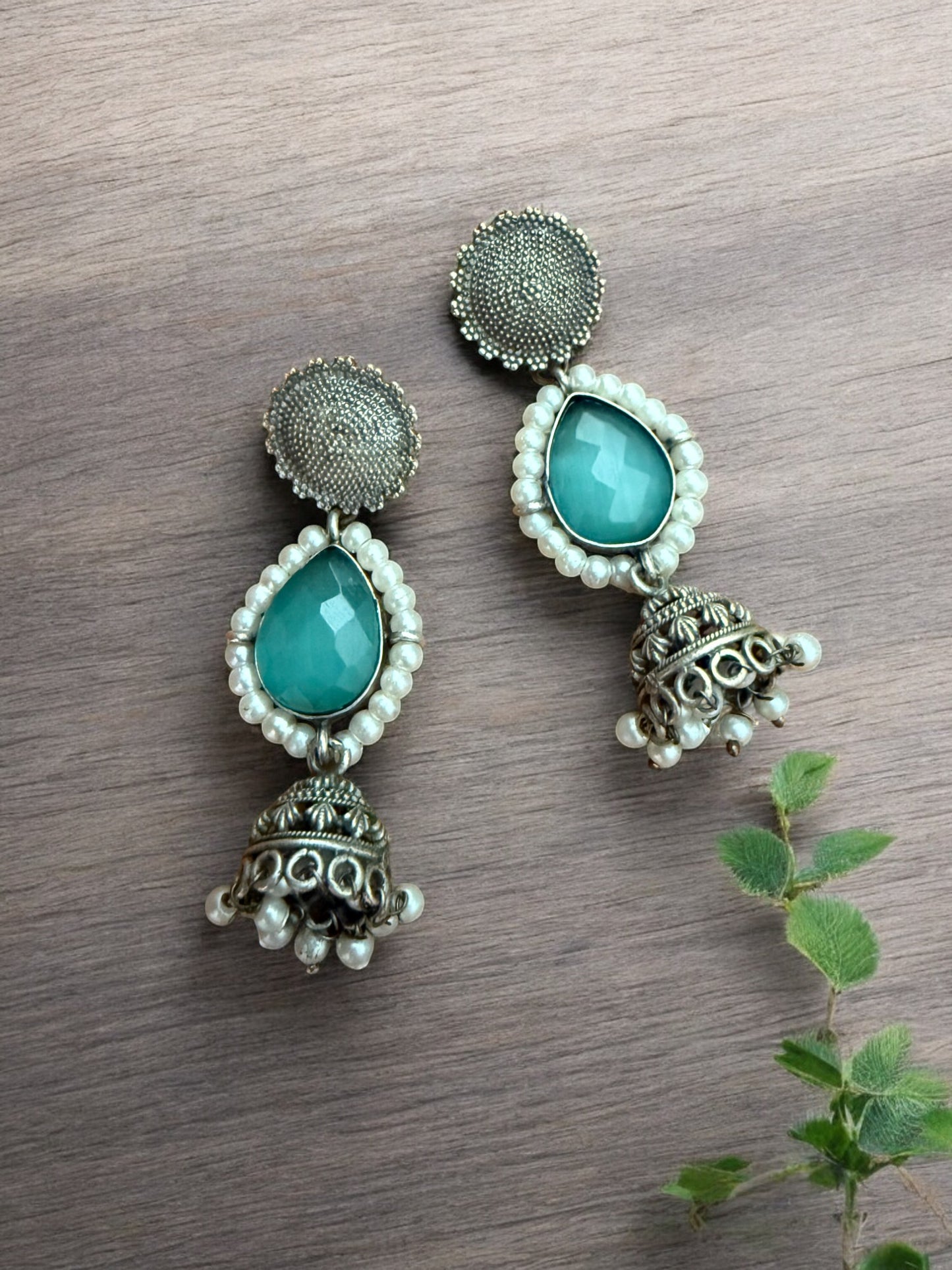 Oxidized Silver Tribal Hasli Set with Aqua Stones & Ghungroo Charms