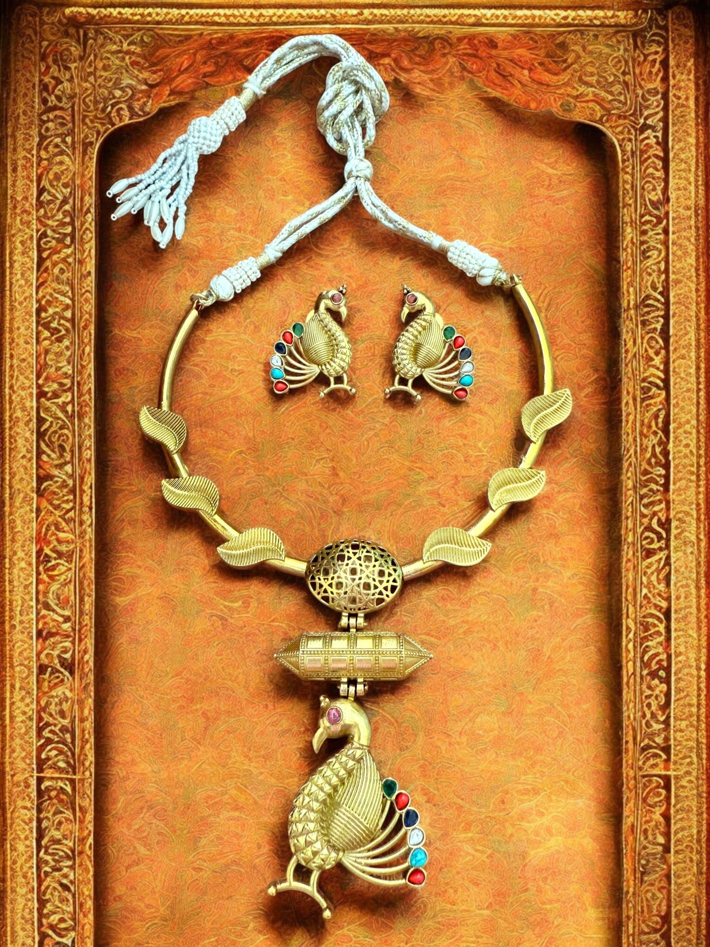 Majestic Peacock Motif Hasli Set with Enamel Accents