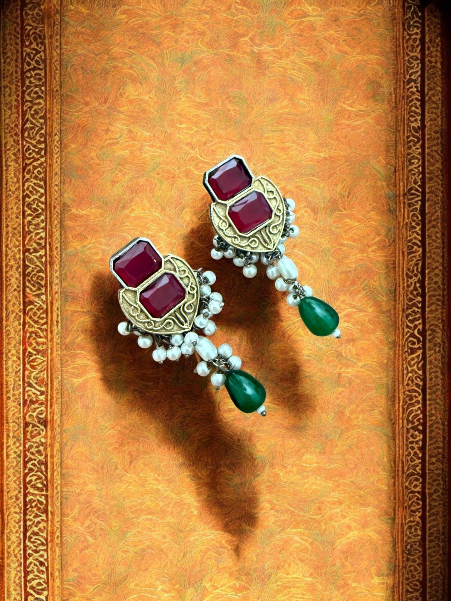 Peacock Elegance Oxidized Necklace Set with Ruby and Emerald Accents