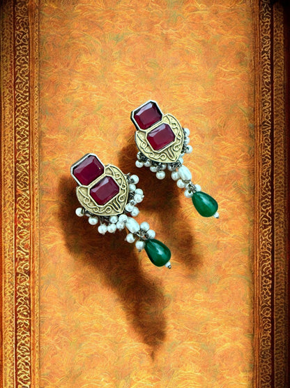 Peacock Elegance Oxidized Necklace Set with Ruby and Emerald Accents