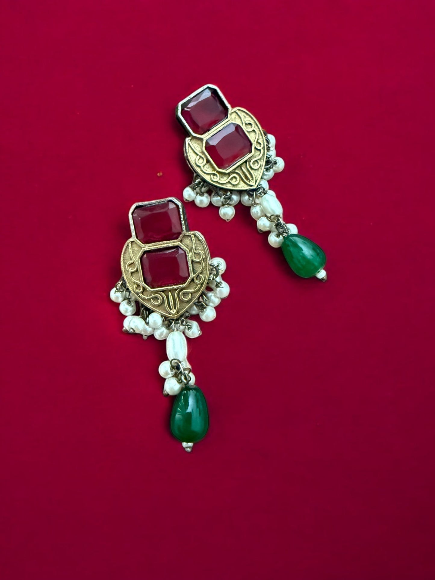 Peacock Elegance Oxidized Necklace Set with Ruby and Emerald Accents